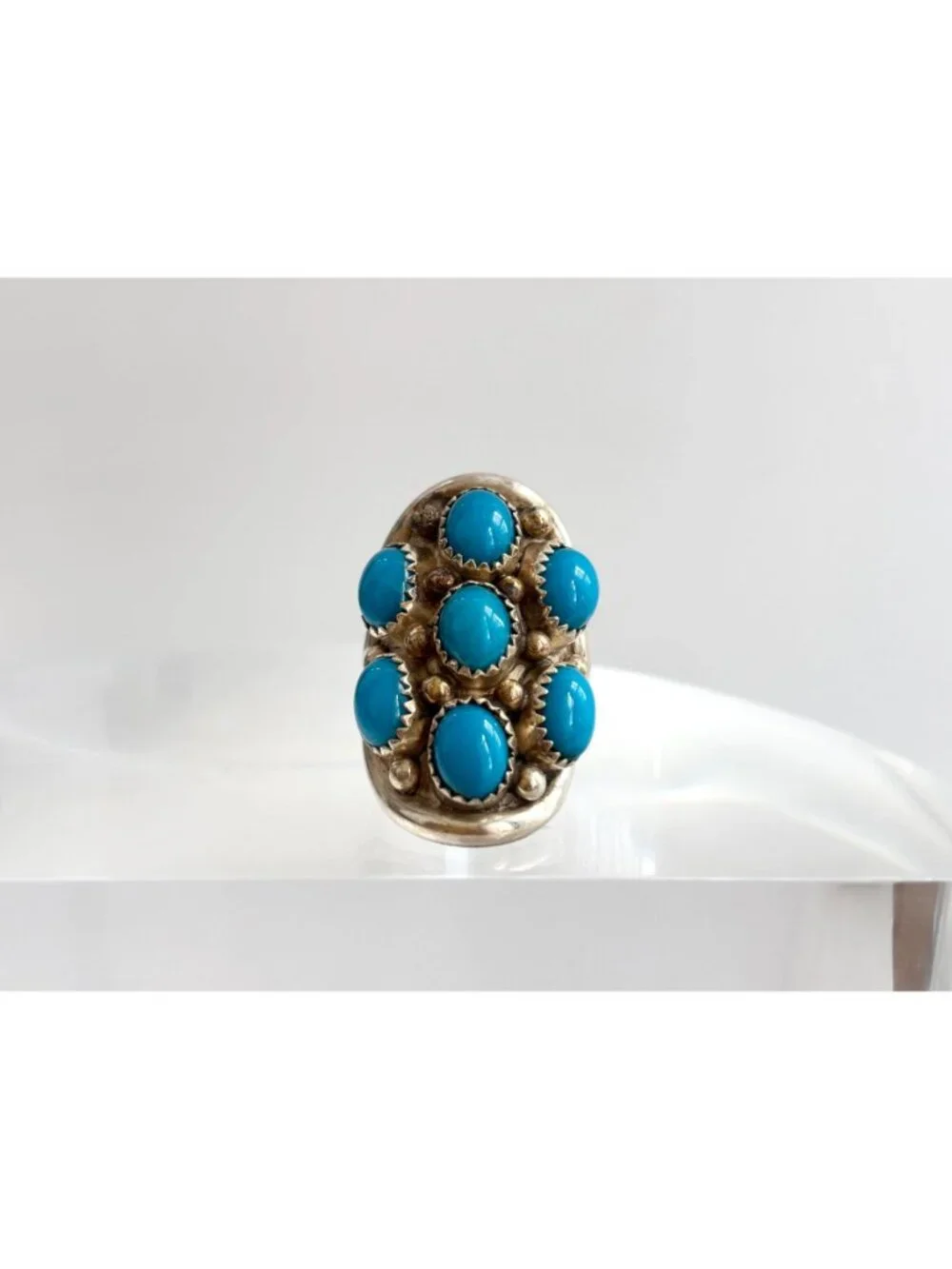 Navajo Sleeping Beauty Turquoise Cluster Sterling Silver 925 Vintage Ring - sz 8